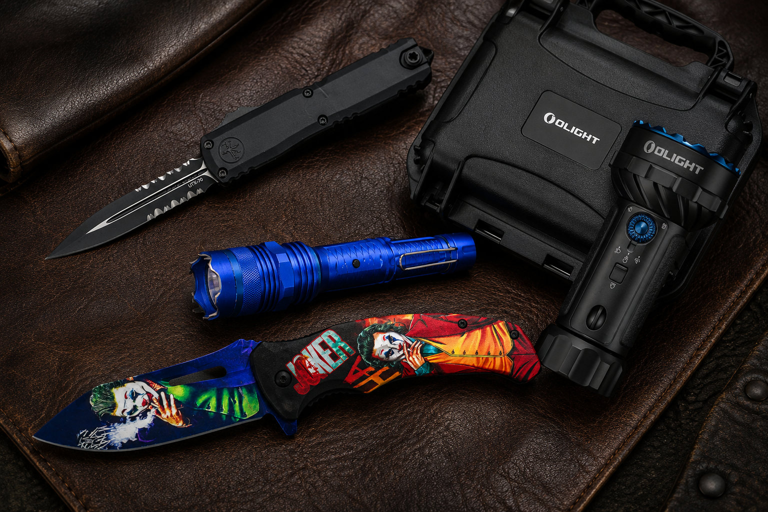 Various EDC items on leather mat